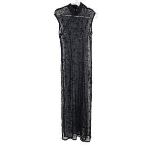 Vintage y2k Dress Black Velvet Glitter Sheer Floral Embroidered Maxi Size 8P